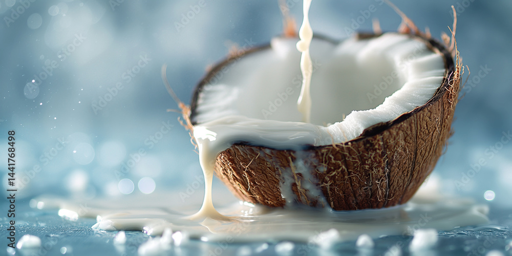 Spilled Silk: Half coconut pouring creamy milk onto a stark minimalist backdrop
