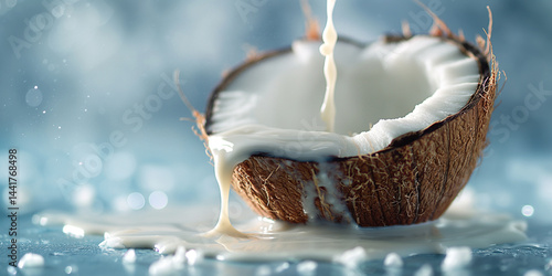 Obraz na płótnie Spilled Silk: Half coconut pouring creamy milk onto a stark minimalist backdrop w salonie