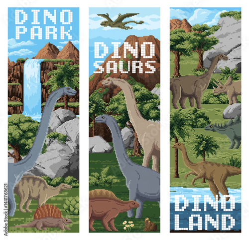 8 bit pixel art prehistoric dinosaurs and Jurassic lizards in jungle forest, vector banners. Dino park banners with cartoon 8bit pixel landscape with giant lizards, reptiles and dino characters