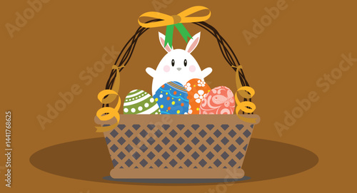 illustration of Easter eggs in a basket, decorated with vibrant colors and patterns, symbolizing Easter celebrations, spring, and festive