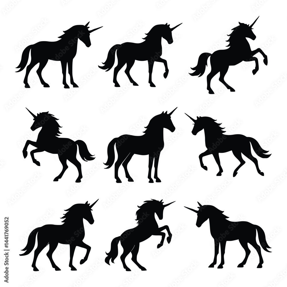 Silhouette Vector Set of Unicorns in Various Poses Silhouette Vector Set of Unicorns in Various Poses