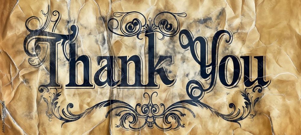 Historic Flourish: “Thank You” penned in antique-style calligraphy on distressed parchment for a greeting card