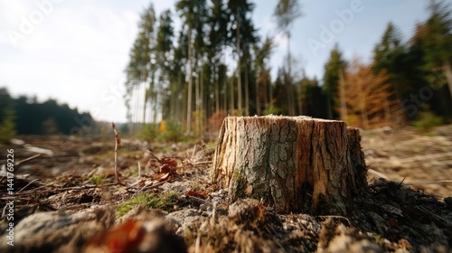 Wallpaper Mural Tree stump symbolizing habitat loss due to illegal logging concept. Tree stump in deforested area under a bright sky and distant trees. Torontodigital.ca
