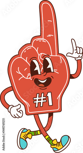 Fan foam glove sport game groovy happy character. Sport game match cute funky retro vector mascot, team competition fan support cheerful vintage character. Sport club championship happy personage