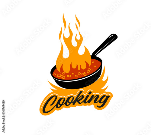 Cook pan icon with frying pan, bubbling food and intense flames rising from it. Vector emblem symbolizes fiery passion for cooking, sizzling flavors and culinary experiences for restaurants and chefs