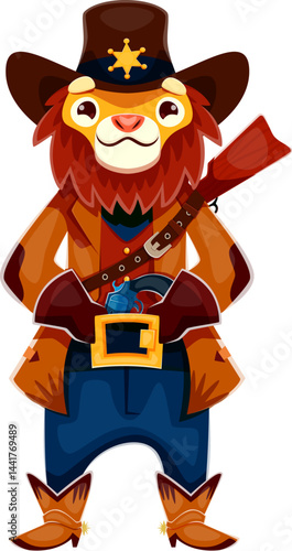 Cartoon lion Wild West cowboy or Western sheriff and ranger bandit, vector animal character. Funny lion in cowboy hat with sheriff star, rifle and revolver gun in bandoleer, Wild West animal character