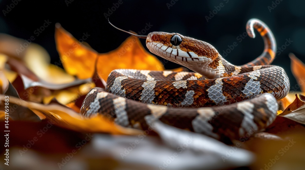 Fototapeta premium Malayan pit viper camouflaged in fallen leaves close-up wildlife photography in a tropical forest