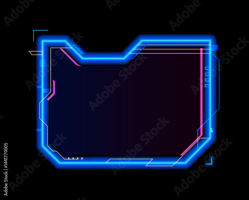 Neon game frame asset, HUD interface overlay template. Vector futuristic gaming border with glowing blue and pink edges. Digital cyberpunk interface for game streams, scifi or high tech user interface