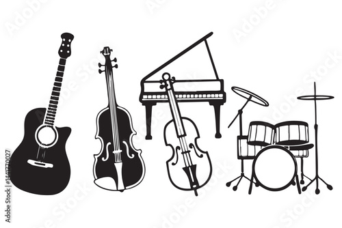 Musical Instruments Vector Set, Hand-Drawn Band Instrument Silhouettes, Guitar, Violin, Piano, and Drum Kit Art