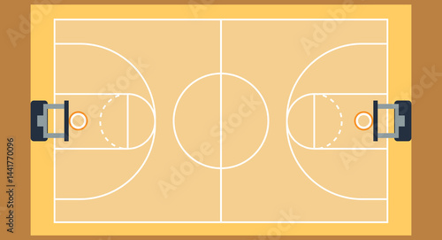 Flat design illustration of a basketball court viewed from the top, featuring clear markings, hoops, and vibrant court colors, emphasizing sport layout and game strategy on a solid background