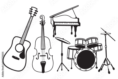 Musical Instruments Vector Set, Hand-Drawn Band Instrument Silhouettes, Guitar, Violin, Piano, and Drum Kit Art