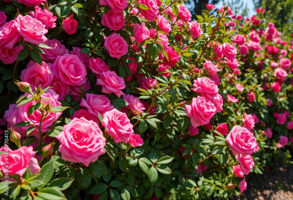 Lush rose bushes overflowing with vibrant blooms bask in sunlight, garden, outdoor Lush rose bushes overflowing with vibrant blooms bask in sunlight, garden, outdoor