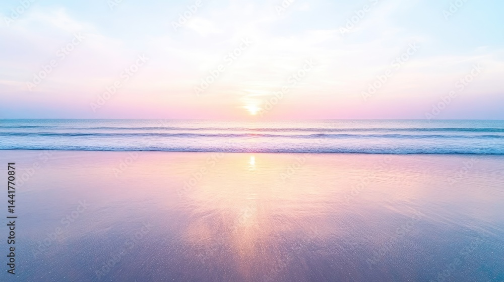 Obraz premium Calm ocean waves gently washing onto a sandy beach during a beautiful pastel sunset with pink and purple reflections in the water.