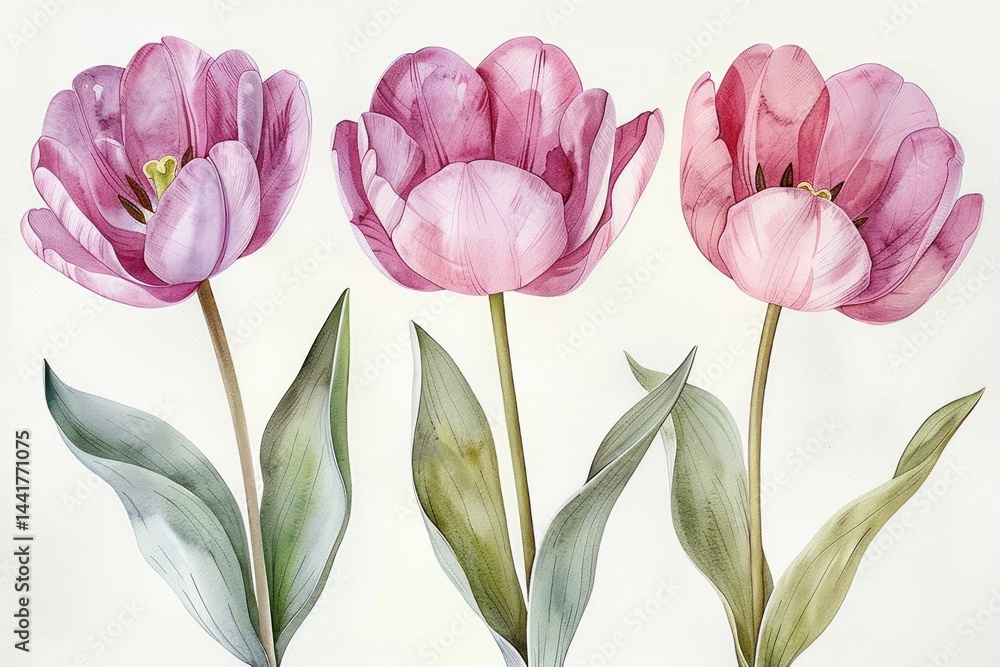 custom made wallpaper toronto digitalThree delicate pink tulip flowers with green leaves on long stems against a plain white background, conveying a sense of calm and natural beauty
