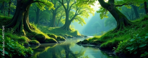 Magical forest with lush green foliage and flowing river, japanese, nature, aesthetic