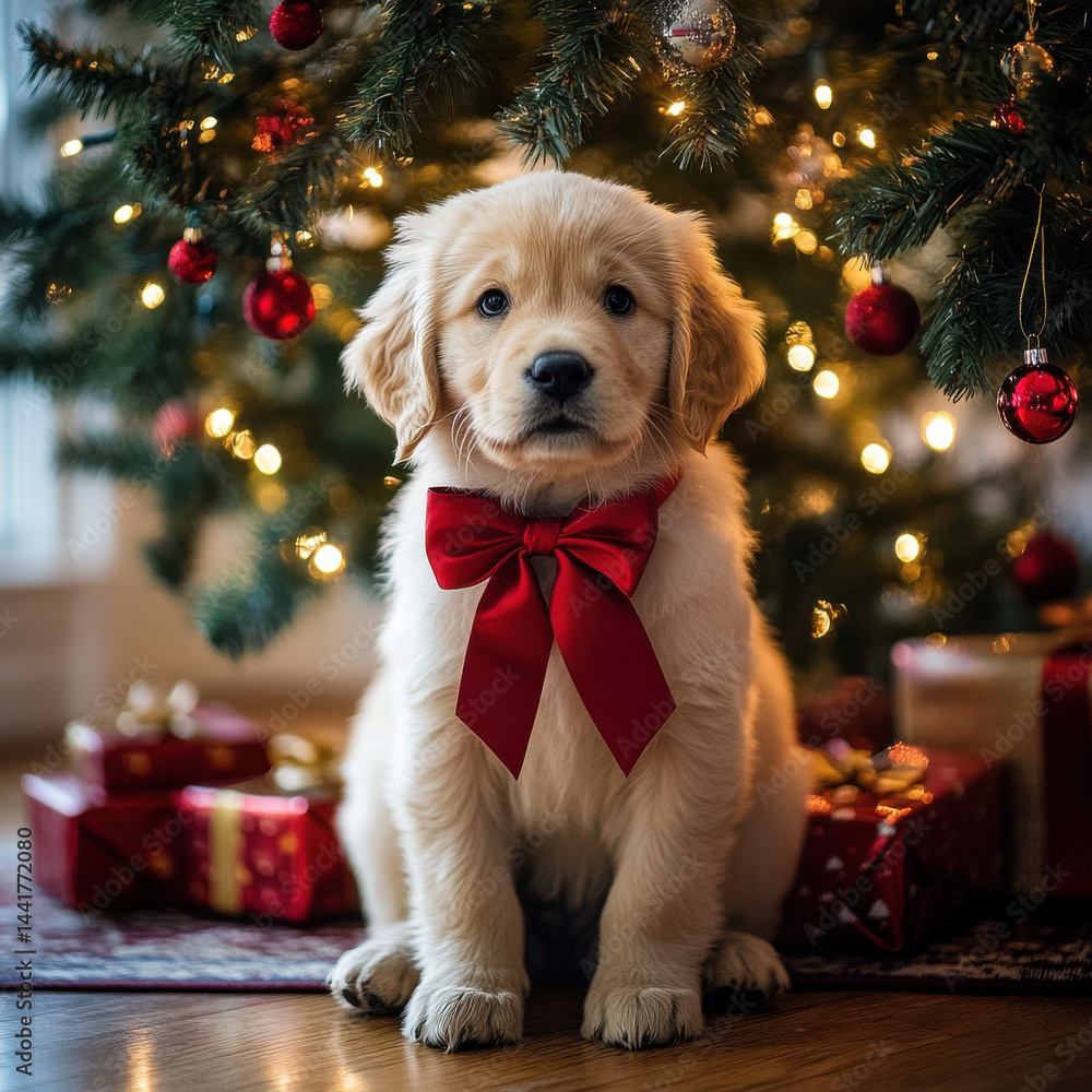 Golden retriever puppy with a red bow around its neck, sitting beside a Christmas tree, festive and heartwarming, UHD 8K Golden retriever puppy with a red bow around its neck, sitting beside a Christmas tree, festive and heartwarming, UHD 8K