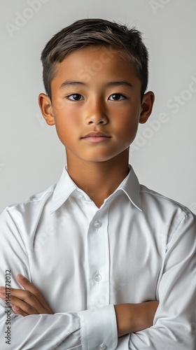Portrait of a Confident Young Boy in a White Shirt