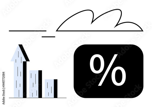 Bar graph with rising arrow representing growth alongside percentage symbol under a stylized cloud. Ideal for finance, business, data analytics, savings, investment, market trends, progress. Flat