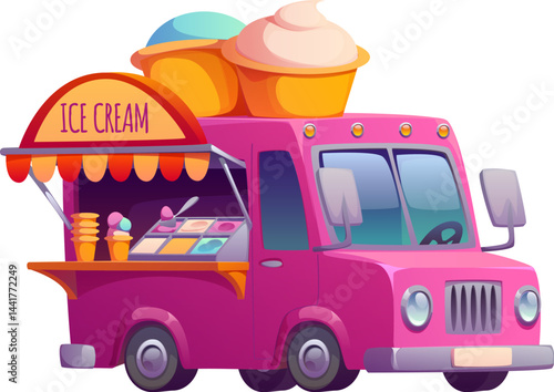 Cartoon ice cream food truck car, festival street foodtruck van. Vector fun pink gelateria with a giant cones and creamy swirls on top. Retro vehicle offering delicious summer gelato desserts serving