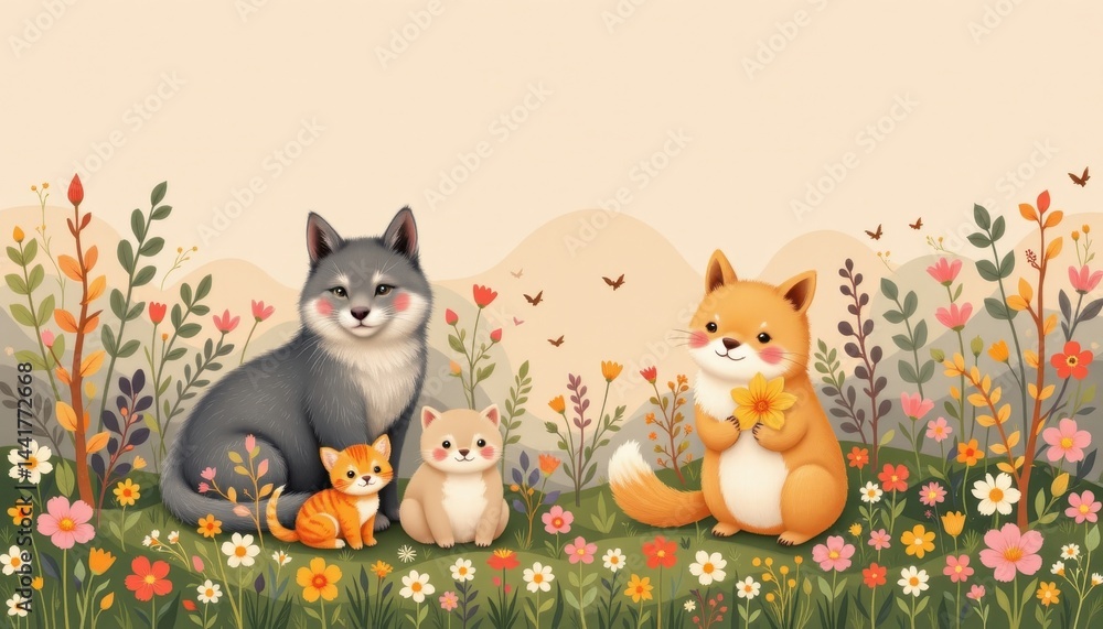 Naklejka premium Soft and gentle hues with endearing animal characters throughout.