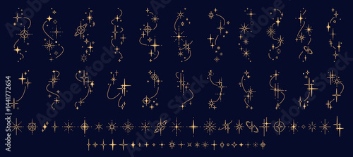 Star constellation sparkle and twinkles, starburst and flash stars, blink glitters vector set. Elegant golden star symbols and glimmers for astrology, celestial, magical, tarot cards and cosmic themes