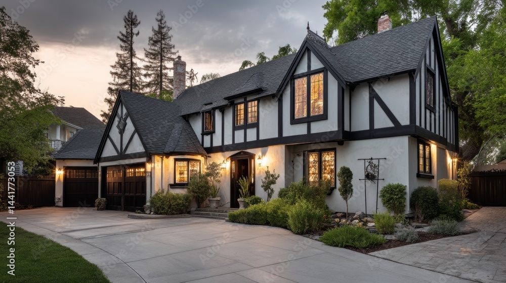 3d rendering of cute cozy white and black modern Tudor style house with parking and pool for sale or rent with beautiful landscaping. Fairy roofs. In evening Isolated on gray 3d rendering of cute cozy white and black modern Tudor style house with parking and pool for sale or rent with beautiful landscaping. Fairy roofs. In evening Isolated on gray