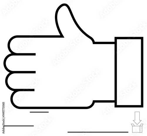 Large thumbs-up hand gesture paired with a small download icon. Ideal for approval, success, online interaction, confirmation, feedback, positivity, and digital communication. Flat simple metaphor