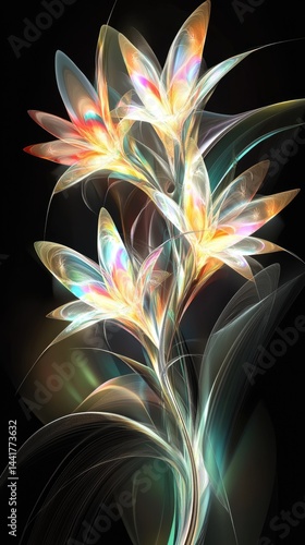Luminous flowers with vibrant, colorful petals rise gracefully from a dark background, creating a stunning visual contrast and depth