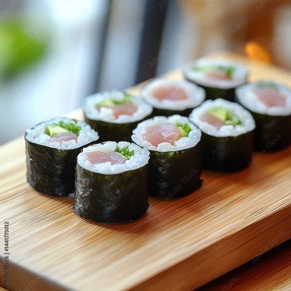 Classic Tuna Maki Rolls Presented on Elegant Board Classic Tuna Maki Rolls Presented on Elegant Board