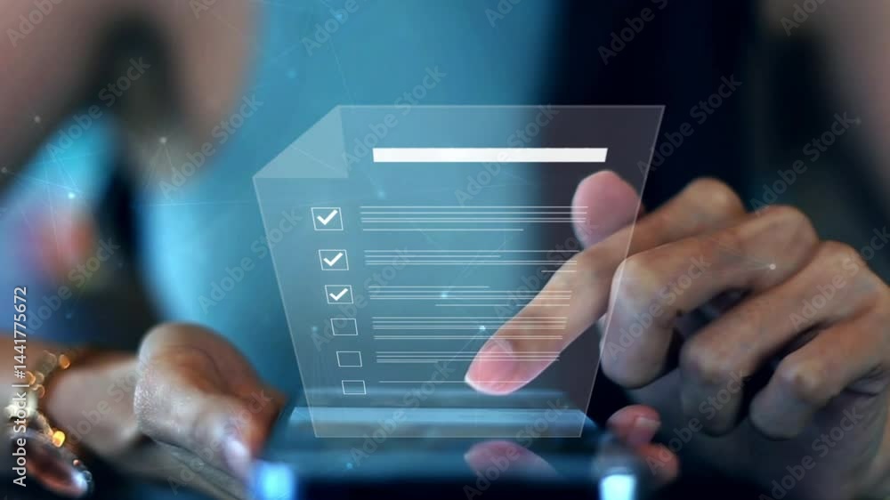 businesswoman checking business performance Business performance monitoring concept, businesswoman using phone Online survey filling out, digital form checklist