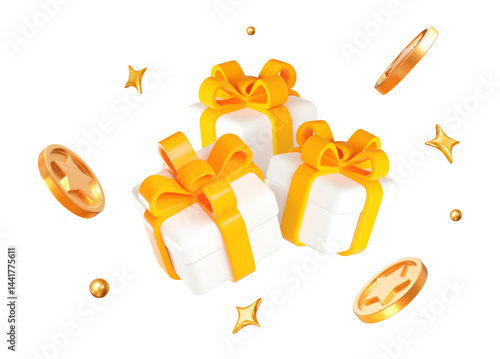 3d white gift box with yellow ribbon and flying gold stars, coins and balls. Stock vector illustration on isolated background.
