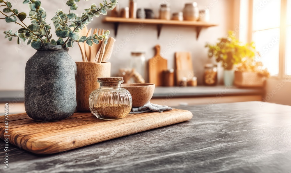 Rustic kitchen countertop display with decor
