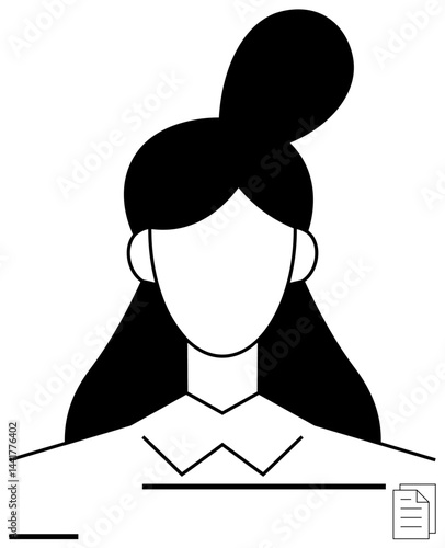 Faceless female avatar with tied hair bun, collar shirt, and minimal lines. Ideal for profile, identity, design, technology, customization, characters simple landing page