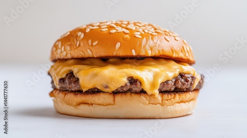 Cheeseburger Sesame Seed Bun, Melted Cheese, Patty, Classic Style, High-Resolution Bright Lighting, Close-up Side View, Juicy Deliciousness, White Background, Warm Golden Hues, Ideal for Food Blogs