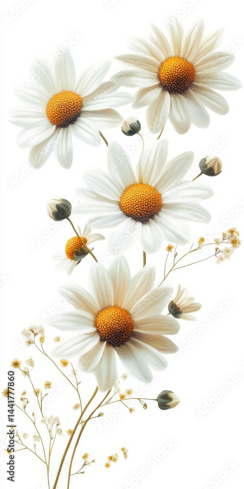 Fototapeta premium White Daisies and Delicate Flowers Bouquet on White Background