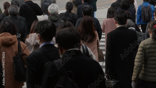 横断歩道を渡り朝の通勤するビジネスマンたちの後ろ姿　東京
