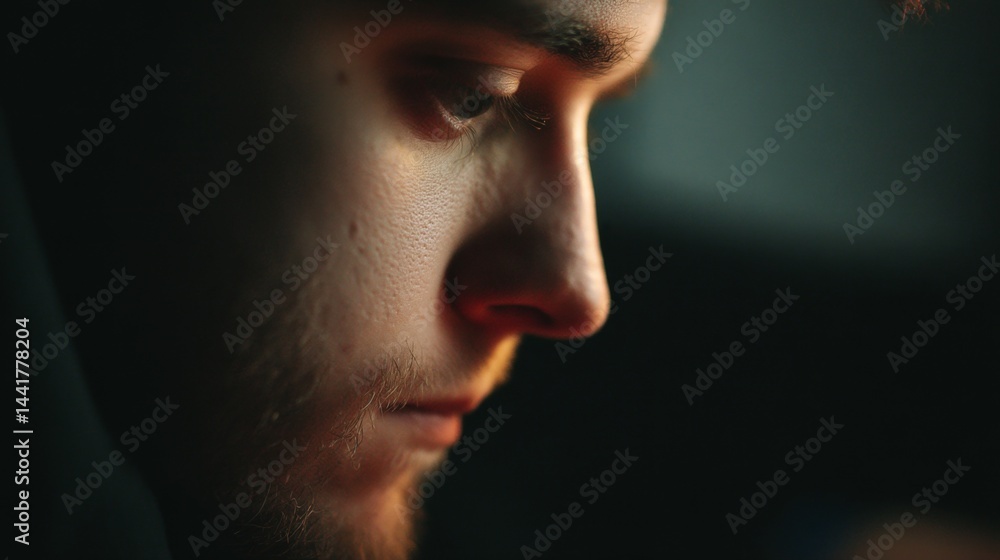 Man in deep thought with a focused gaze, bathed in soft screen glow. A moment of quiet intensity and contemplation. Man in deep thought with a focused gaze, bathed in soft screen glow. A moment of quiet intensity and contemplation.