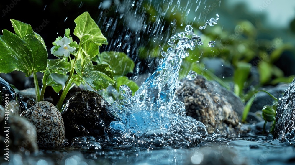 Natural mineral water splashing among green plants tranquil stream nature photography close-up view freshness concept Natural mineral water splashing among green plants tranquil stream nature photography close-up view freshness concept