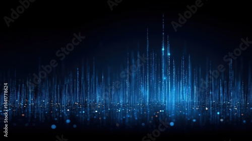 Abstract visualization of blue digital sound waves and data points on a dark background.