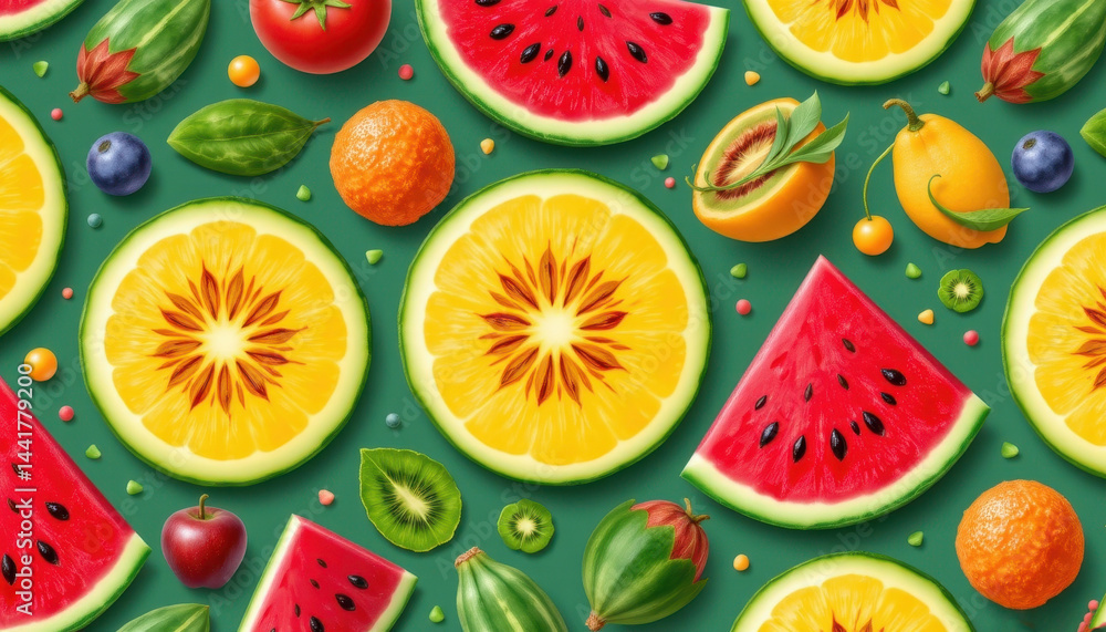 Juicy and delicious fruit pattern with watermelon, cantaloupe, and honeydew. Juicy and delicious fruit pattern with watermelon, cantaloupe, and honeydew.