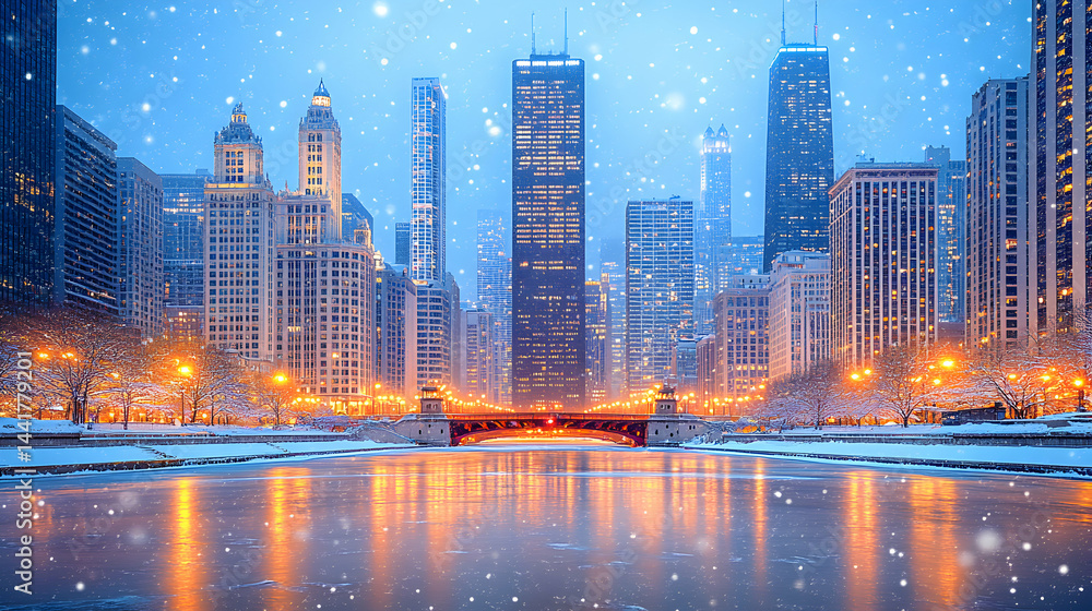 Fototapeta premium Magical snowy Chicago cityscape at twilight, reflecting in the frozen river, with illuminated buildings and snow falling.