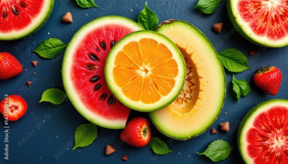 Fresh and juicy fruit design with watermelon, cantaloupe, and honeydew melon. Fresh and juicy fruit design with watermelon, cantaloupe, and honeydew melon.
