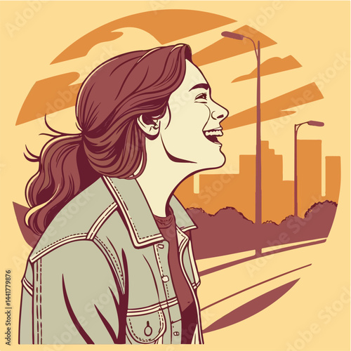 Smiling Woman Looking Up in Retro Urban Sunset – Vector Illustration for Inspirational and Editorial Use