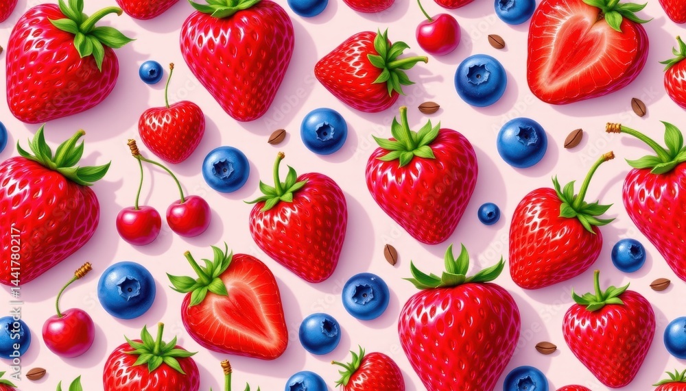 Bright and cheerful seamless pattern with strawberries, cherries, and blueberries. Bright and cheerful seamless pattern with strawberries, cherries, and blueberries.
