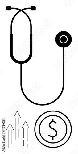 Stethoscope connected to dollar sign with upward arrows implying rising healthcare expenses. Ideal for medical costs, finance, budgeting, health trends, insurance insights, economic analysis