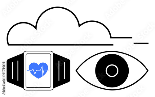 Cloud connection above a smartwatch with heart rate display and a single human eye. Ideal for technology, health monitoring, cloud computing, data analytics, online security, surveillance, simple