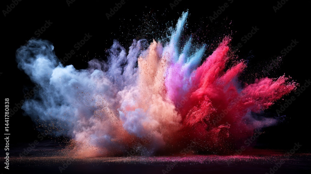 Fototapeta premium Beautiful detailed powder explosion with gorgeous colorful particles on black background. Use for cosmetics, pigment, makeup, cover, creative, design, advertisement, demo, background.