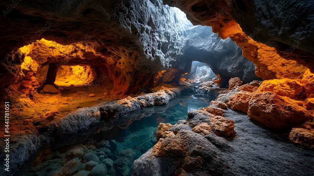 Fototapeta premium sandstone cave, underground spring, sunlight, rays of light, illuminated cave