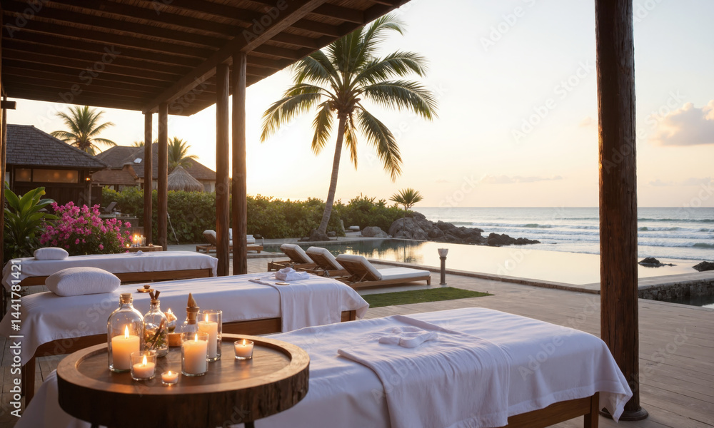 Obraz premium Tropical Beachside Spa A luxury outdoor spa treatment set-up with massage tables, scented candles, and tropical flower arrangements, with the gentle breeze from