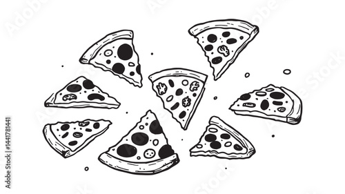 pizza flying line art image of whimsical delicious slice world